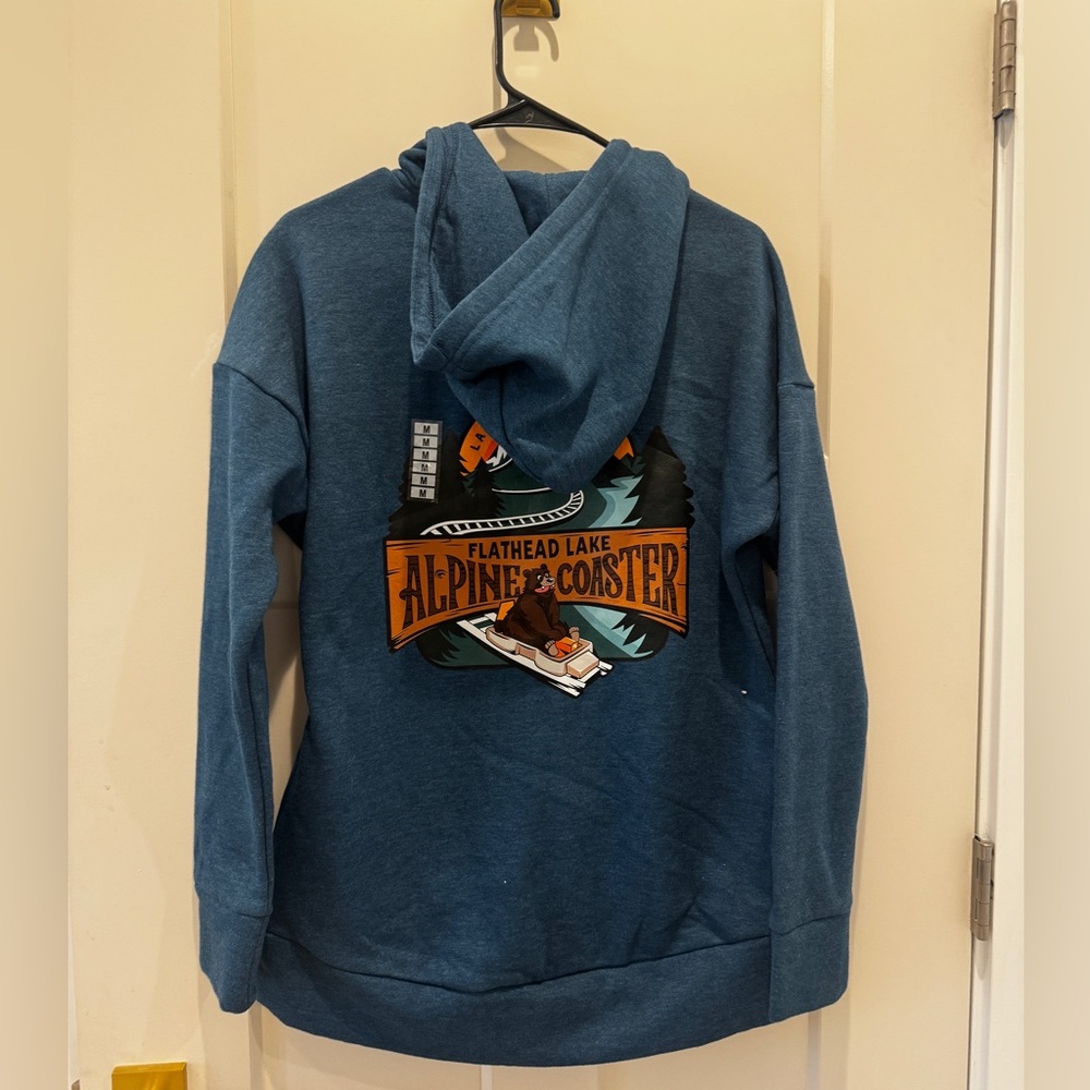 Blue Graphic Hoodie Sweater flathead lake alpine coaster medium Montana